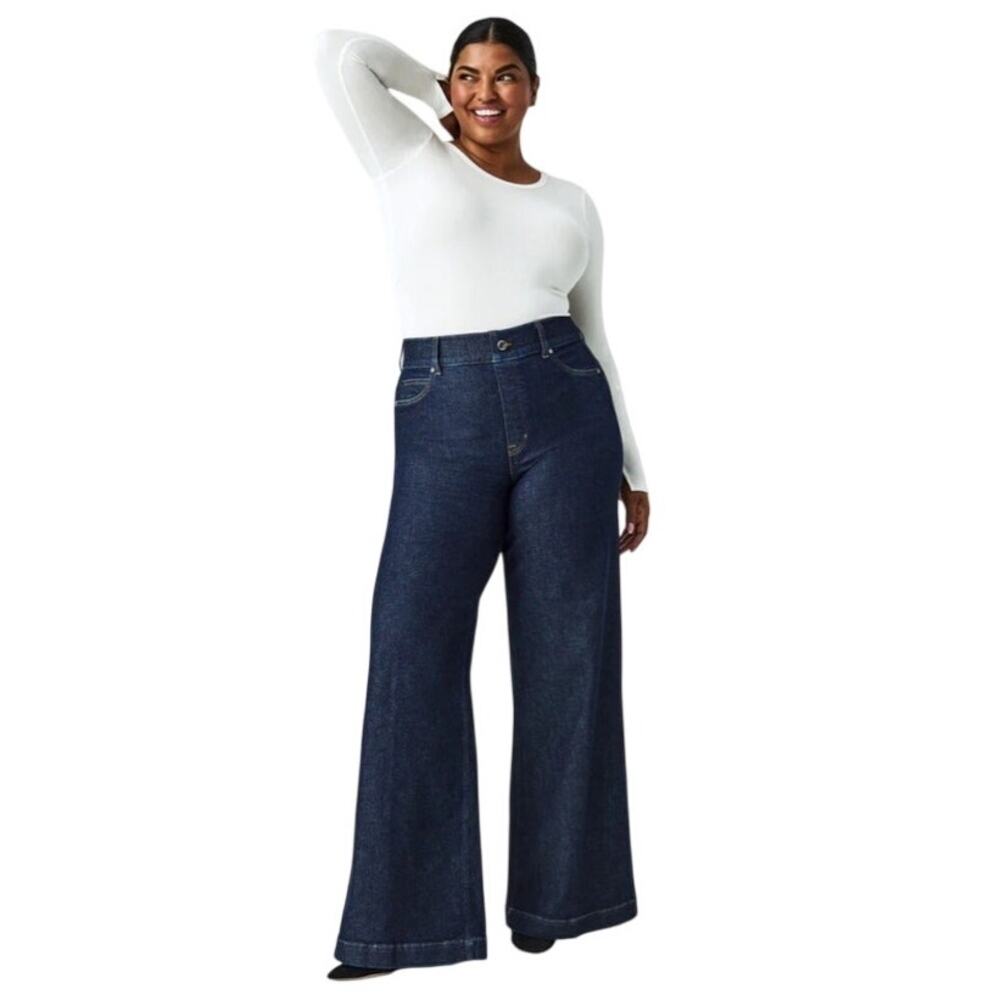 SPANX Wide Leg Jeans Raw Indigo Pull-On Denim High Rise 2X Plus Size